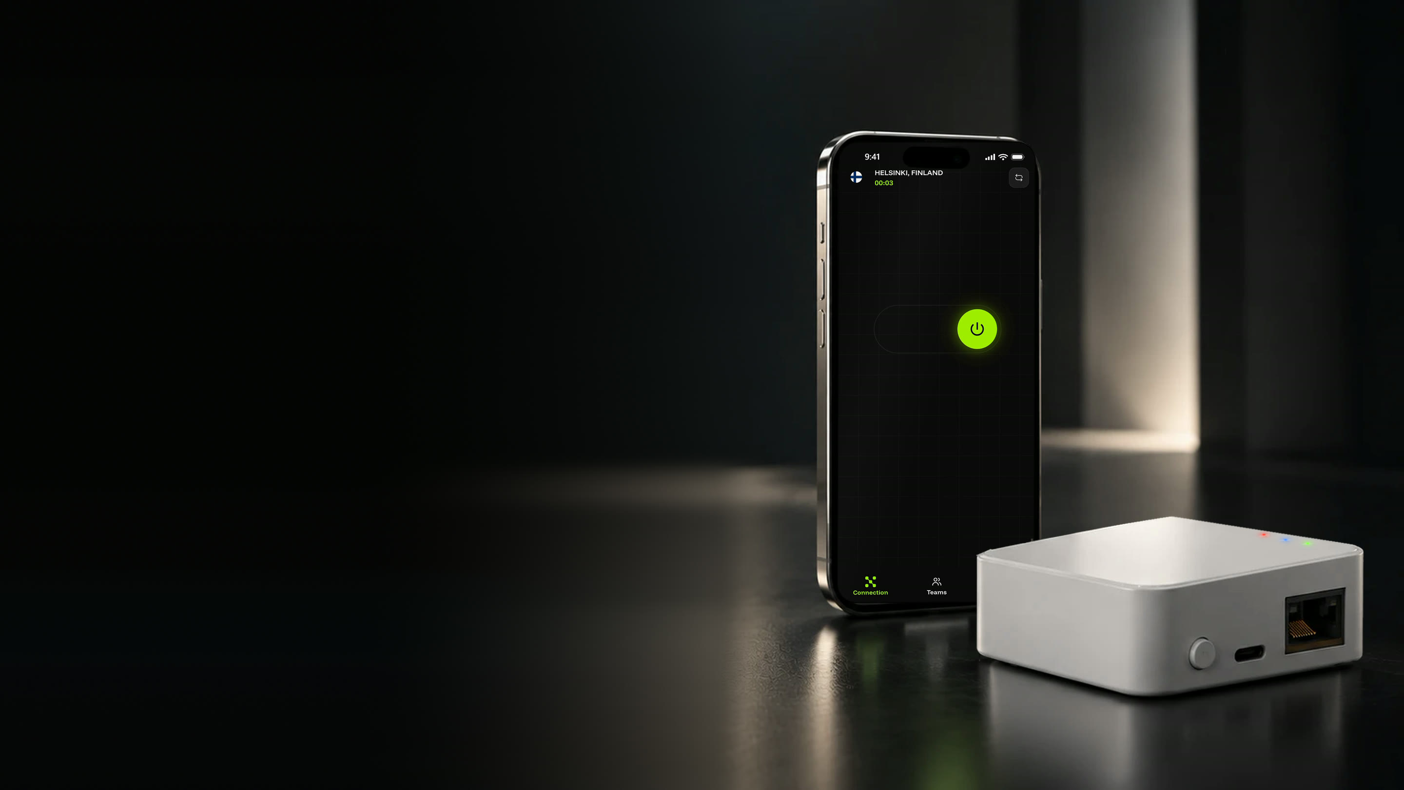 A phone running vploq VPN, connected to Helsinki, Finland, next to vploq Home, a small white box with its ports and three status lights.