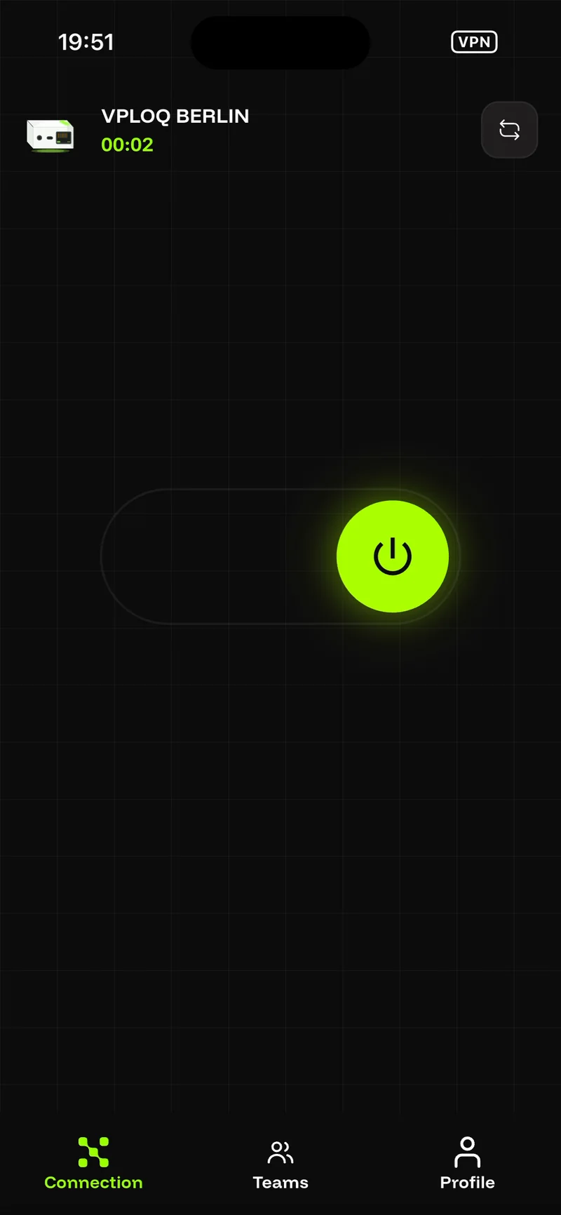 The app, connected to vploq Home: a large switch turned on.