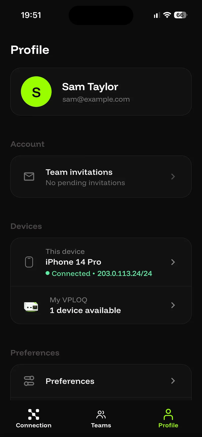 The Profile tab of the app: this phone shown as connected, and vploq Home listed under Devices.
