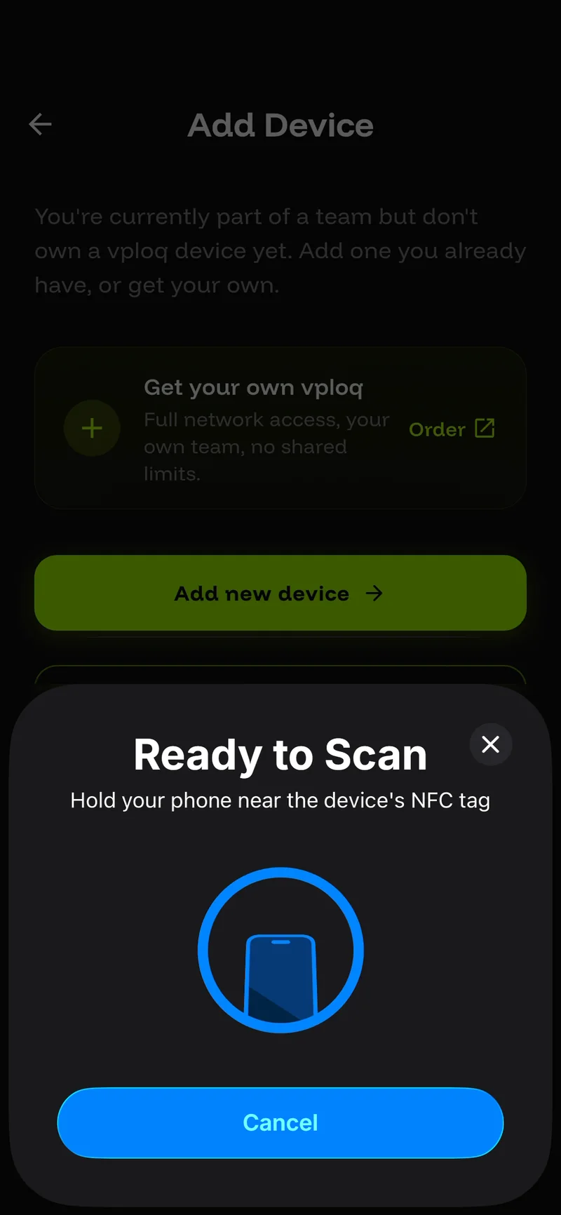 Adding the box in the app: the phone&rsquo;s NFC sheet asks you to hold your phone to the box.