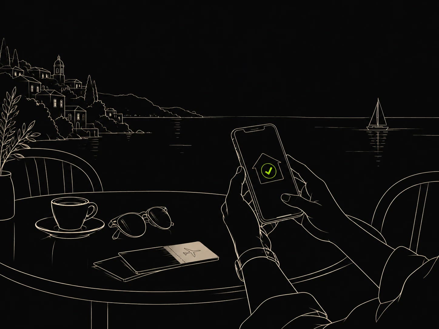 Line drawing: at a café by the sea, two hands hold a phone that shows a house with a check mark.