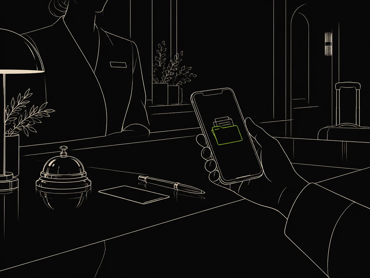 Line drawing: at a hotel reception, a hand holds a phone that shows a folder from the home drive.