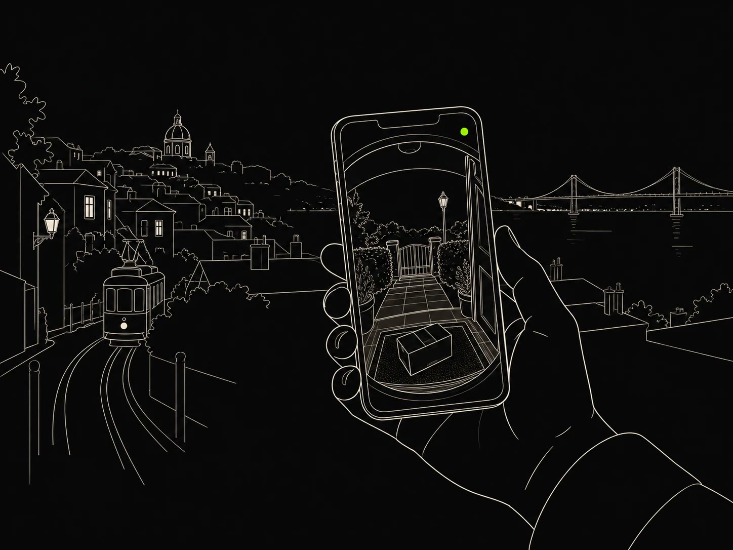 Line drawing: in Lisbon, a hand holds a phone that shows the doorstep at home with a parcel.