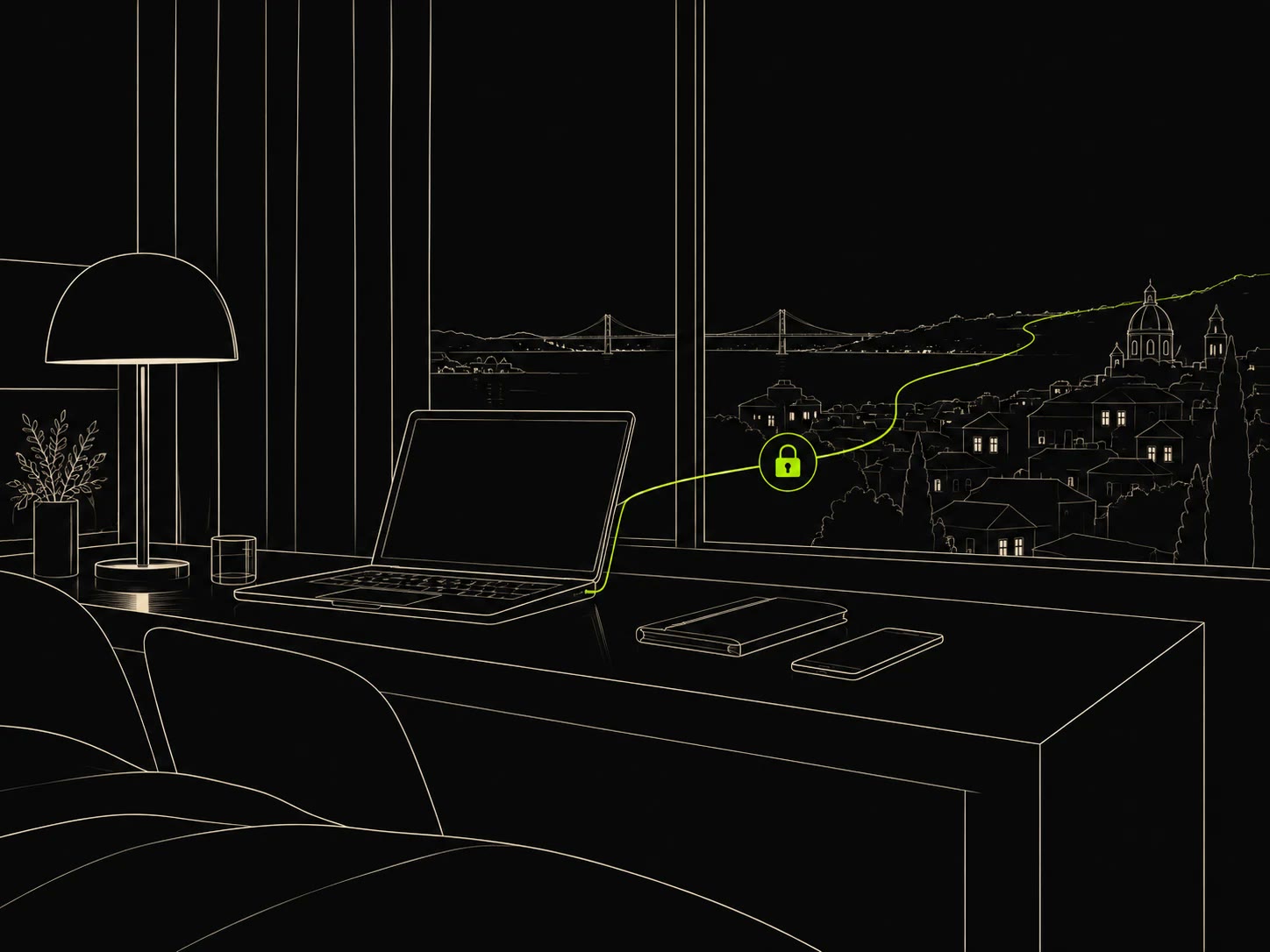 Line drawing: a laptop in a hotel room, a private line with a padlock runs from it out of the window.