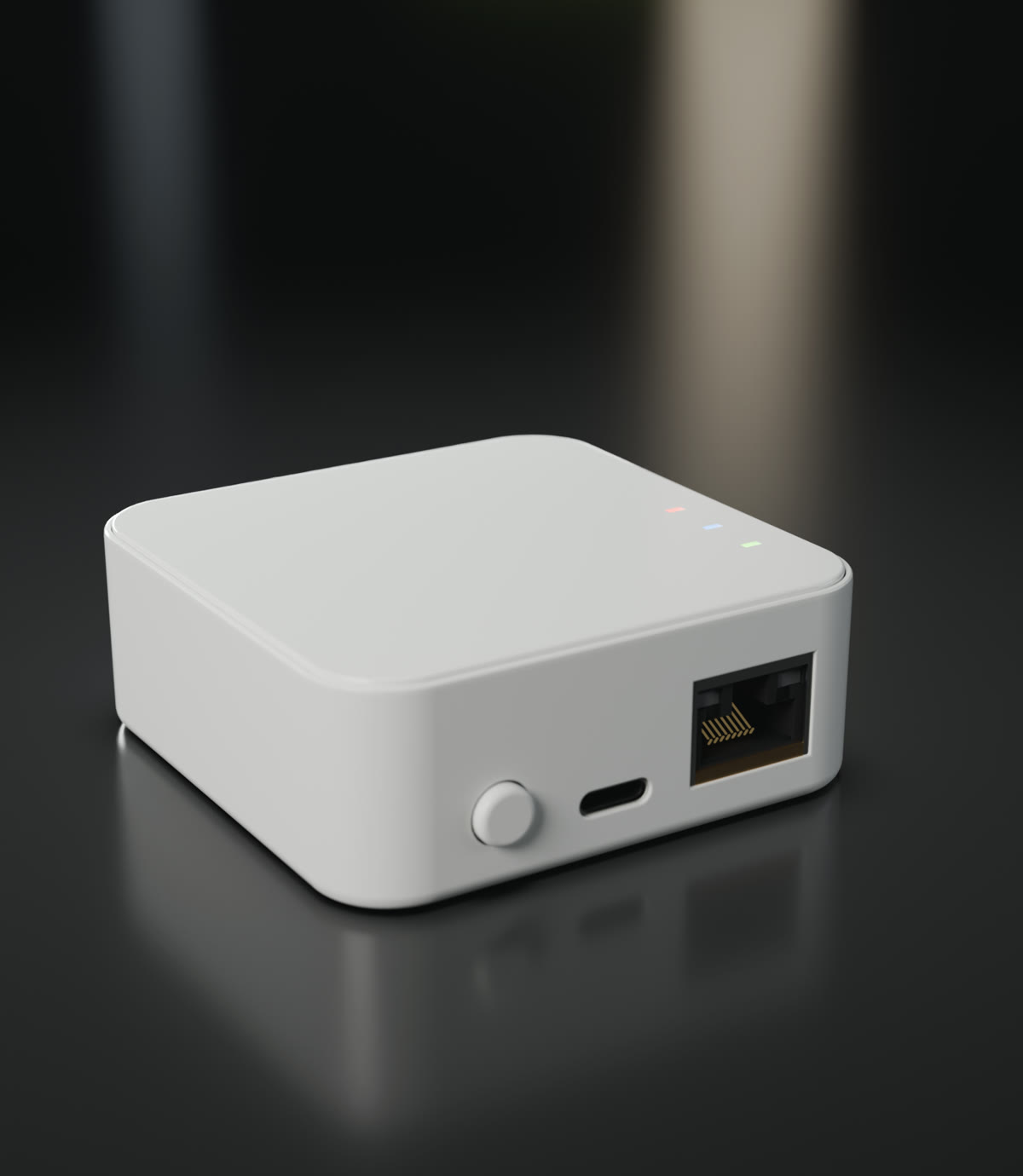 vploq Home, a small white box with its three status lights, its button, USB-C port and Ethernet port.