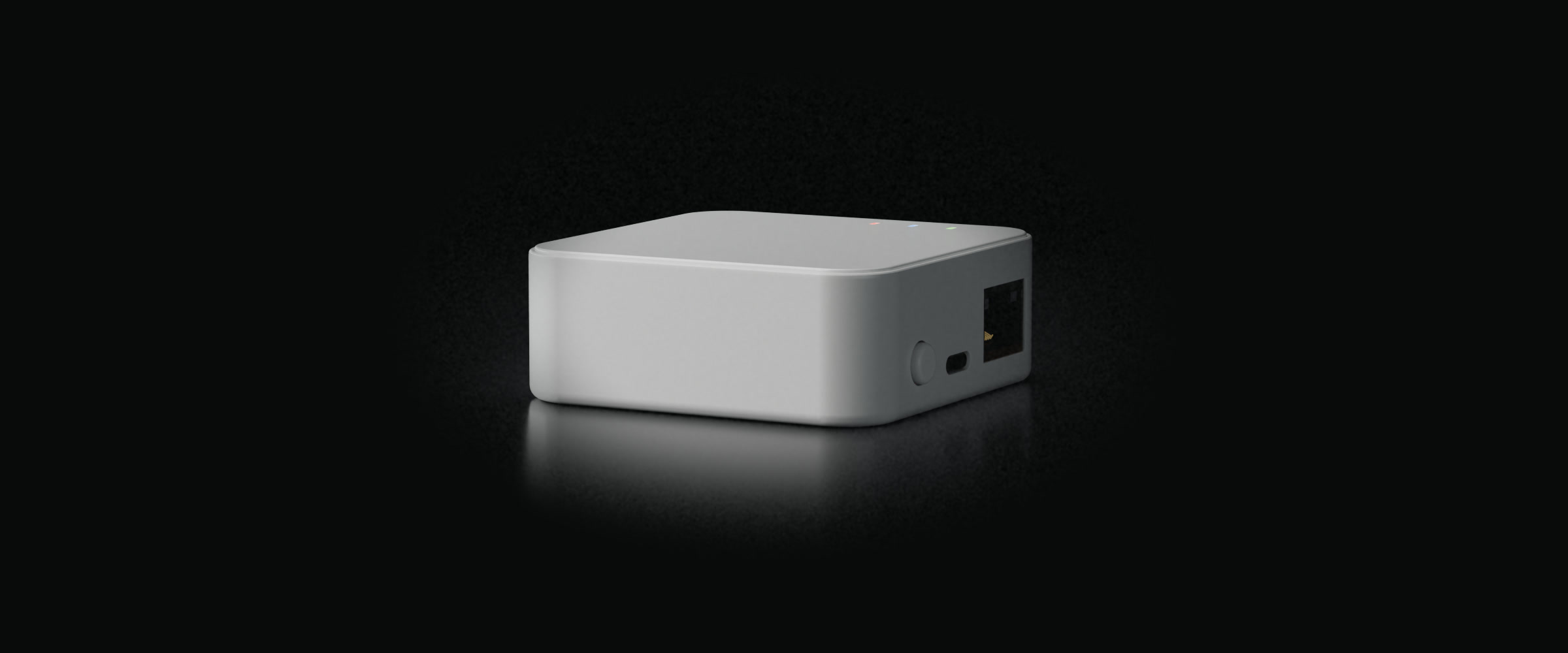 vploq Home, a small white box on a dark reflective surface.